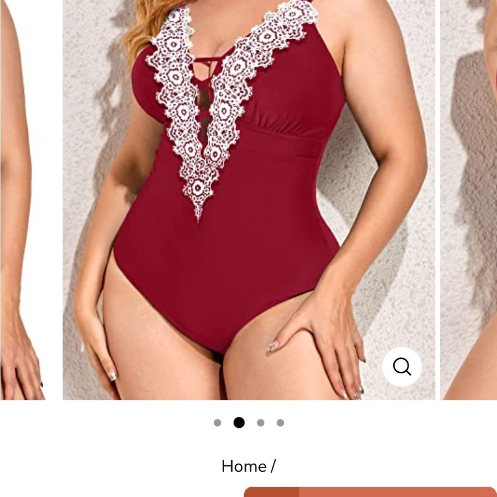 Plus tummy control Women’s Burgundy One-Piece Swimsuit with Cream Lace Trim